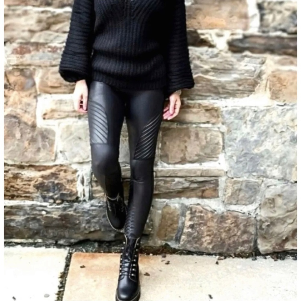 Spanx Womens Sz M 6-8 Black Faux Leather Moto Leggings Pants Stretch